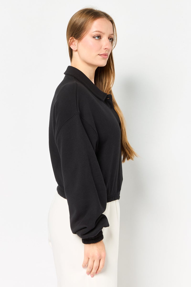 Reebok سويت شيرت قصير بأكمام طويلة للنساء، رياضي، خارجي، أسود - Image 2